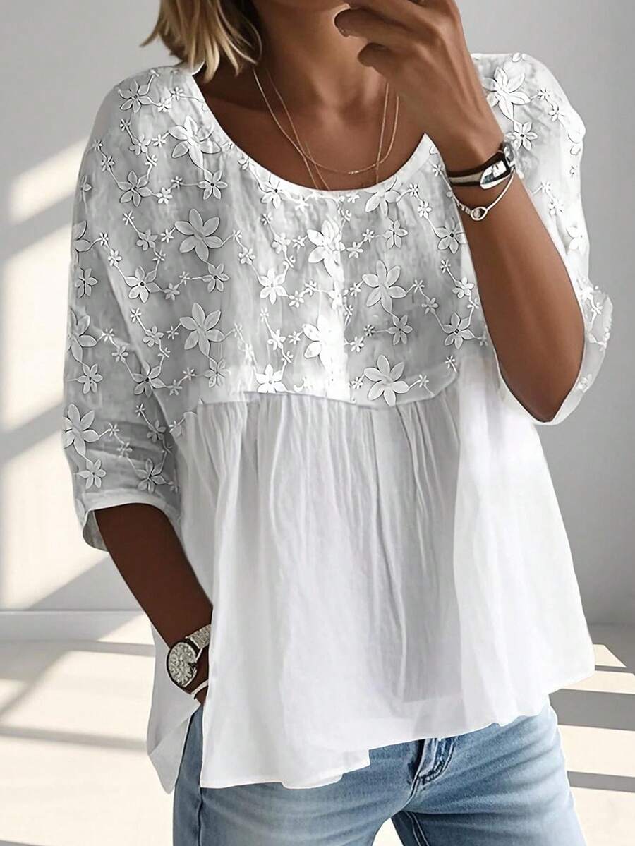 Embroidery Blouse - Womens Floral Embroidery Round Neck Loose