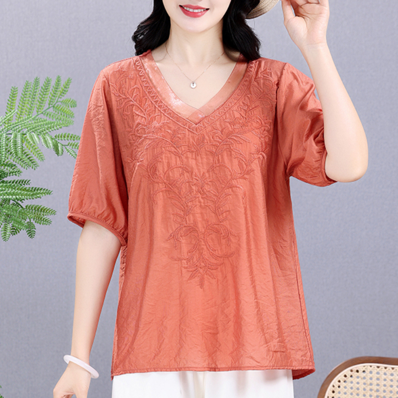 Embroidery Blouse - Summer Elastic Tee Shirt Solid Cotton