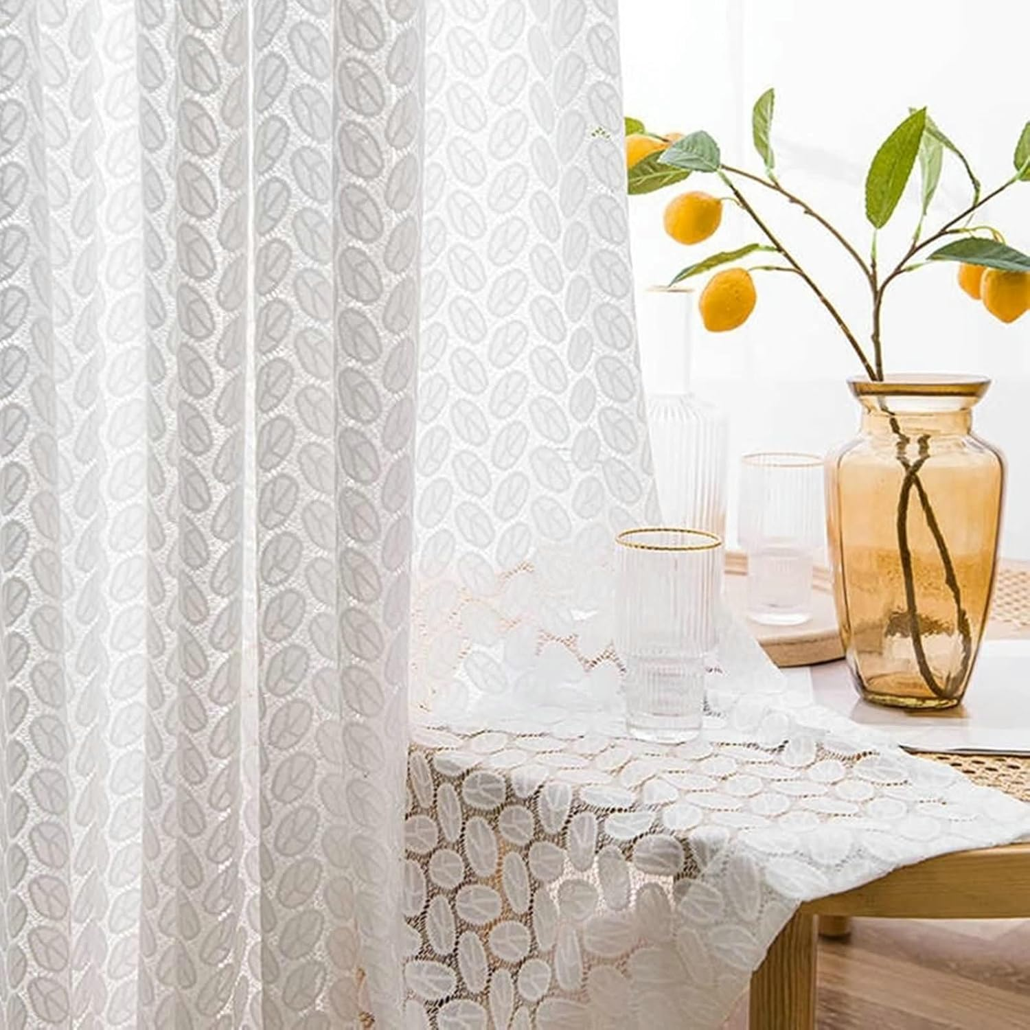 Embroidery Room - 2PCS white leaf lace curtain, suitable